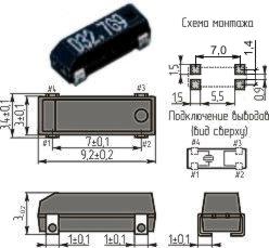 Резонатор кварцевый в пластмассовом корпусе с четырьмя выводами